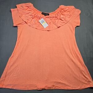 A+A Collection Orange Shirt Preppy Ruffled Tee Scoop Neck NEW Womens Size M Top